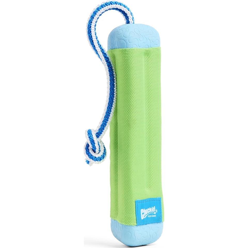 Chuckit! Amphibious Bumper Fetch and Float Toy 2 Sizes Assorted Colors | Floats in Water & Keeps Dogs Busy with Interactive Fetch Play; Made of Tough Rubber, Nylon & Foam with Non-Slip Rope Handle