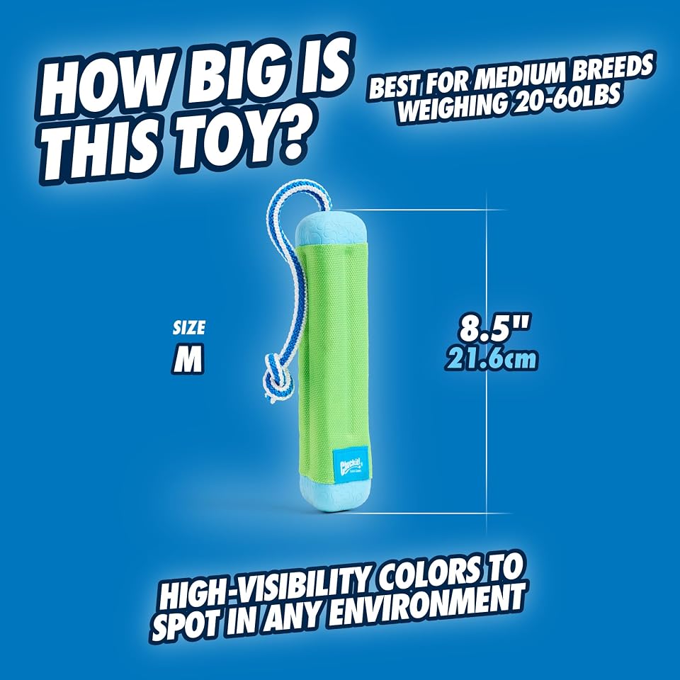 Chuckit! Amphibious Bumper Fetch and Float Toy 2 Sizes Assorted Colors | Floats in Water & Keeps Dogs Busy with Interactive Fetch Play; Made of Tough Rubber, Nylon & Foam with Non-Slip Rope Handle