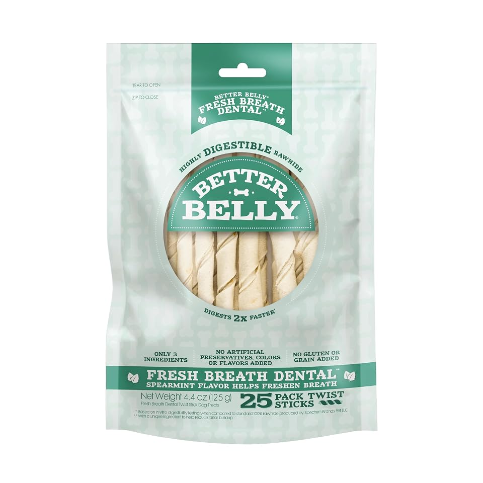Better Belly Fresh Breath Twist Stick Highly Digestible Dog Treat, 25 Count | With Spearmint For Fresh Breath, Chewing Reduces Tartar, No Grain Added, No Artificial Colors Or Flavors, For Adult Dogs