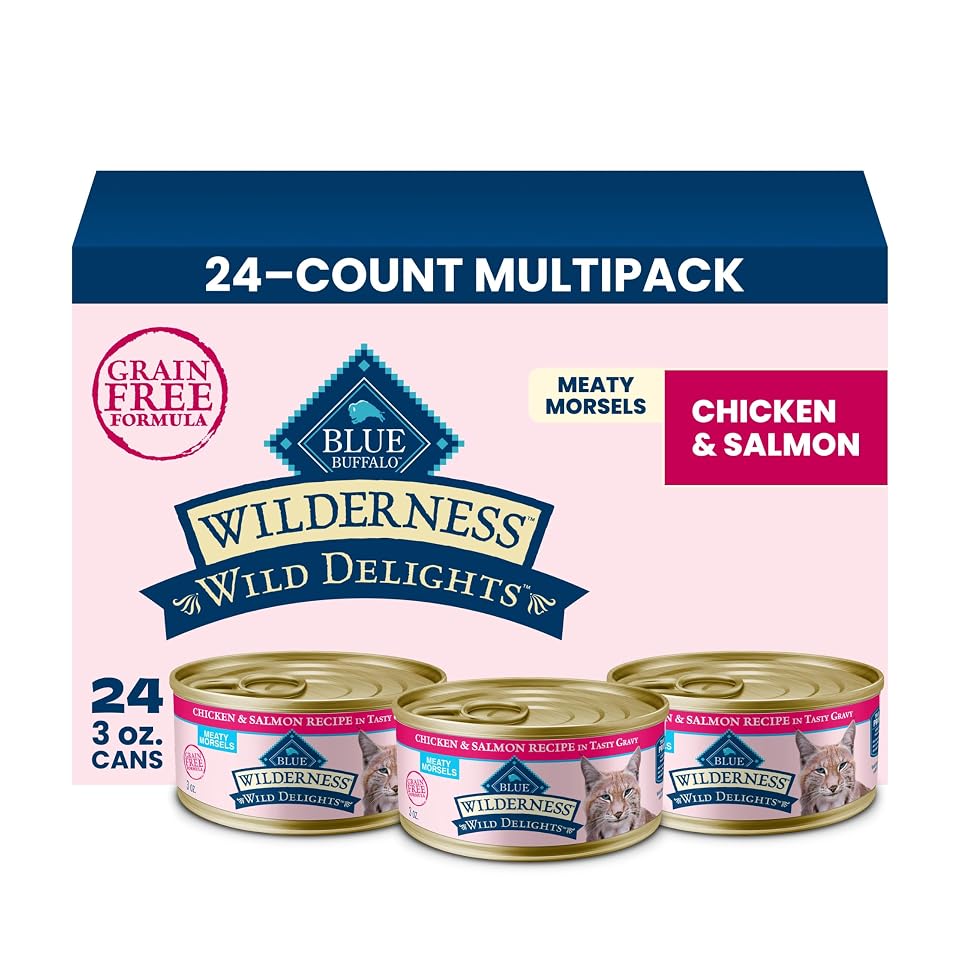 Blue Buffalo Wilderness Chicken & Salmon Wet Cat Food, 3 oz, 24 ct | Wild Delights Meaty Morsels in Tasty Gravy, High Protein & Grain-Free Recipe, Made with Natural Ingredients