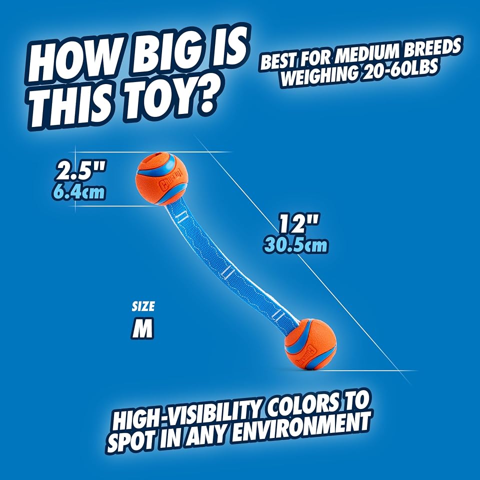 Chuckit! Ultra Duo Tug Dog Toy, Medium 2.5in, Orange and Blue, 20-60lbs | Two Ultra Balls on a Durable Nylon Cord Handle for Fetch and Tug-of-War Play; Made for Breeds 20-60 lbs, in Orange and Blue