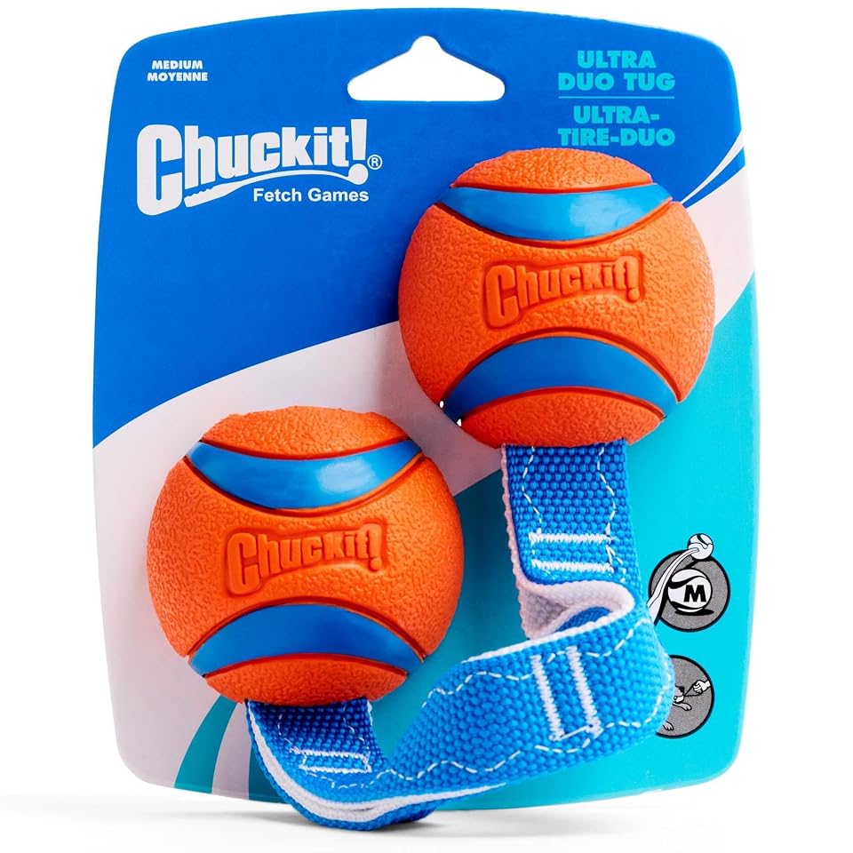 Chuckit! Ultra Duo Tug Dog Toy, Medium 2.5in, Orange and Blue, 20-60lbs | Two Ultra Balls on a Durable Nylon Cord Handle for Fetch and Tug-of-War Play; Made for Breeds 20-60 lbs, in Orange and Blue