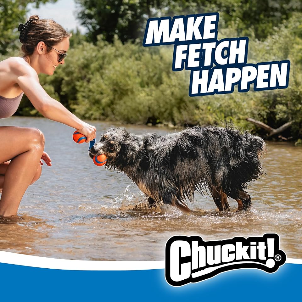 Chuckit! Ultra Duo Tug Dog Toy, Medium 2.5in, Orange and Blue, 20-60lbs | Two Ultra Balls on a Durable Nylon Cord Handle for Fetch and Tug-of-War Play; Made for Breeds 20-60 lbs, in Orange and Blue
