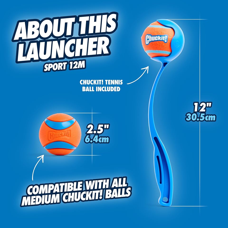 Chuckit! Dog Ball Launcher 12M Sport, Plastic, Great for Kids | Featuring a 12 In Handle for Medium 2.5 in Balls and Dogs 20-60 lbs, This Plastic Thrower Is Perfect for Kids, Made in USA 