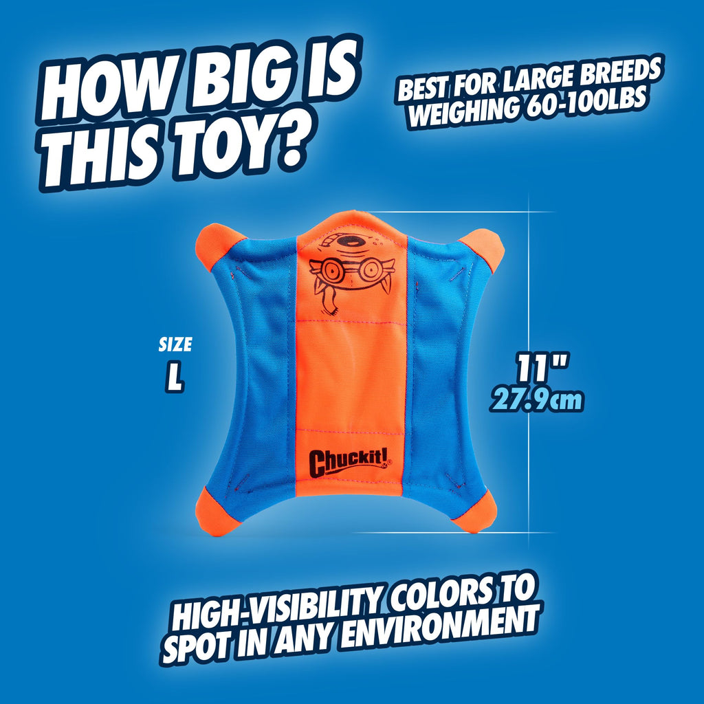 Chuckit! Flying Squirrel Fetch Dog Toy - Water Floating Flyer - Soft and Durable Polyester Canvas Construction - For Large Dogs - Size Large - 11-inch Diameter - Pack of 1 - Orange and Blue