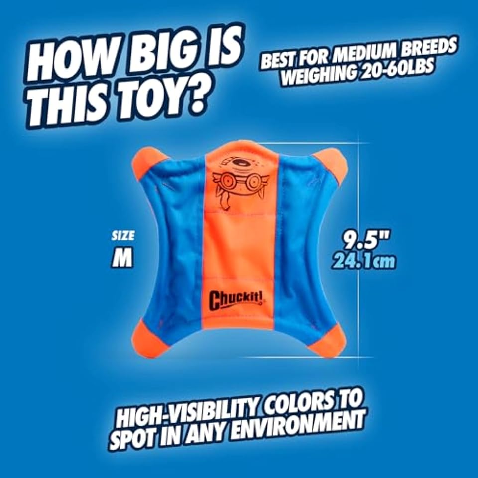 Chuckit! Flying Squirrel Fetch Dog Toy - Water Floating Flyer - Soft and Durable Polyester Canvas Construction - For Large Dogs - Size Large - 11-inch Diameter - Pack of 1 - Orange and Blue