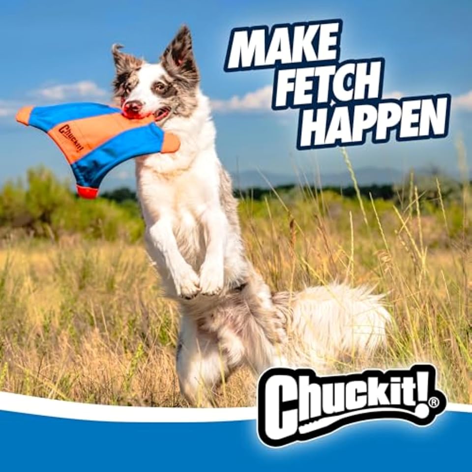 Chuckit! Flying Squirrel Fetch Dog Toy - Water Floating Flyer - Soft and Durable Polyester Canvas Construction - For Large Dogs - Size Large - 11-inch Diameter - Pack of 1 - Orange and Blue