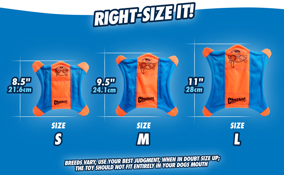 Chuckit! Flying Squirrel Fetch Dog Toy - Water Floating Flyer - Soft and Durable Polyester Canvas Construction - For Large Dogs - Size Large - 11-inch Diameter - Pack of 1 - Orange and Blue