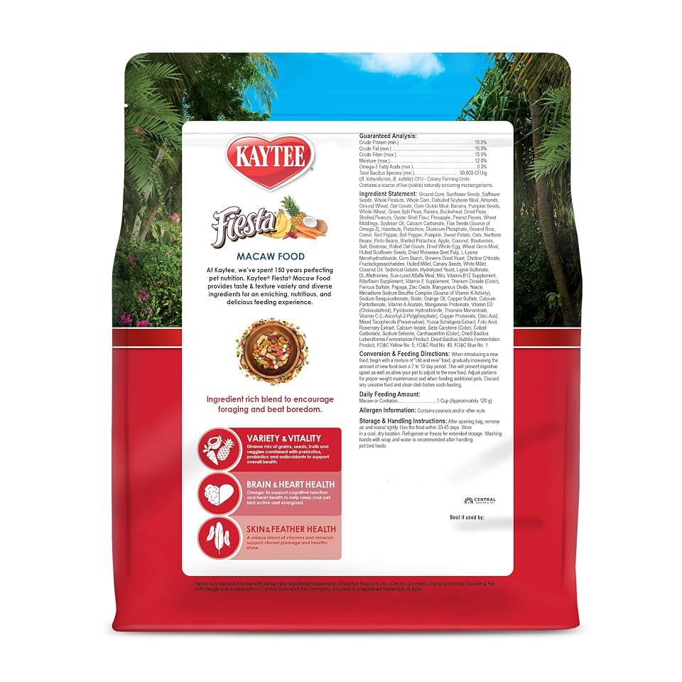 Kaytee Fiesta Macaw Food, Nutritious and Fun Blend, 4.5 Pounds | Foraging fun at meals. Complete bird feed blend. Shapes, textures, bird feed