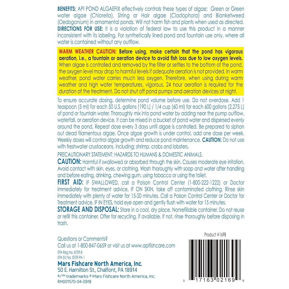API POND ALGAEFIX (16 fl oz) Pond Algae Control - Copper Free - Clean, Clear Water - Up to 4800 Gallons - Safe for Fish & Plants - Water Gardens, Fountains - Natural Active Ingredient - EPA-Registered