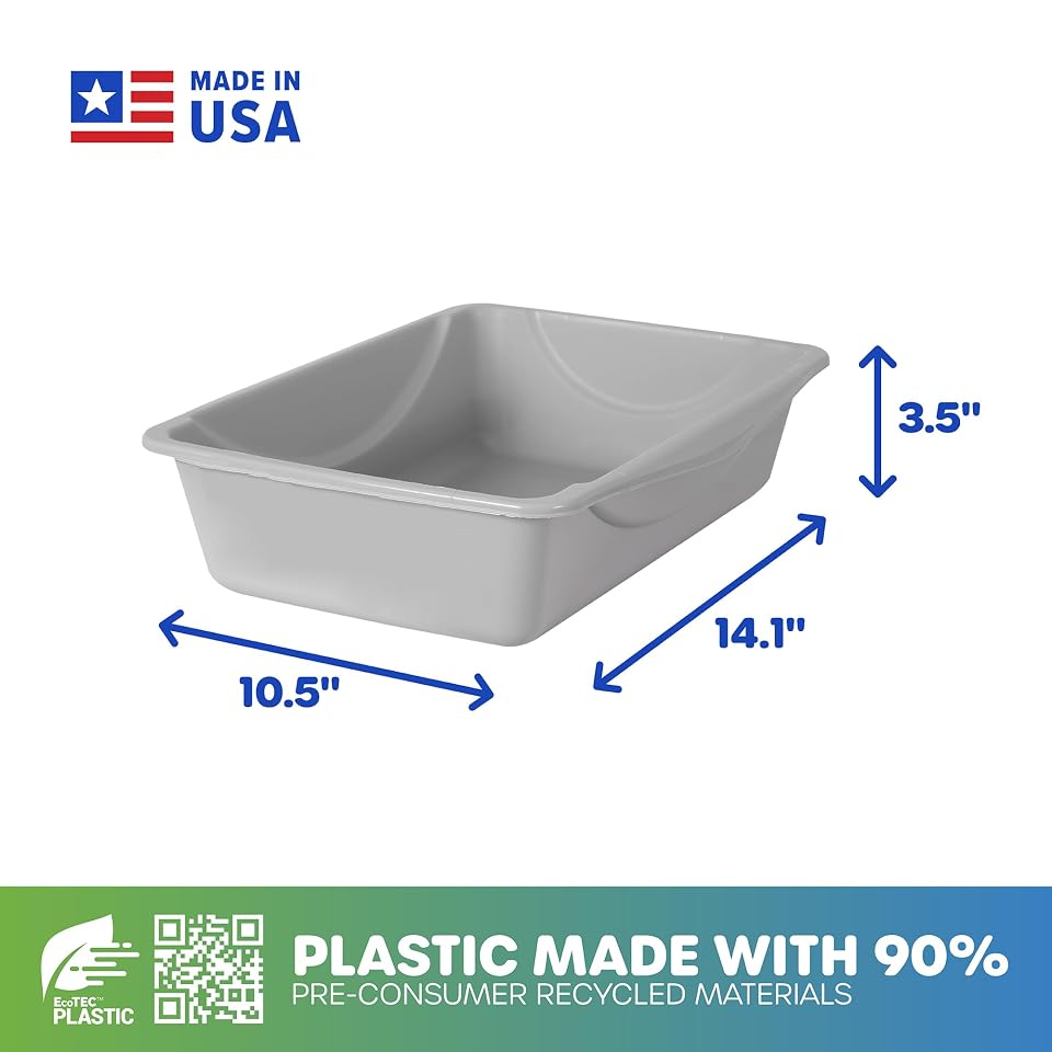 Petmate Basic Open Plastic Cat Litter Pan, Gray, Small | Multidirectional and Easy to Clean, 14 In x 10.5 In x 3.5in, Recommended for Kittens and Small Cats, Made in USA