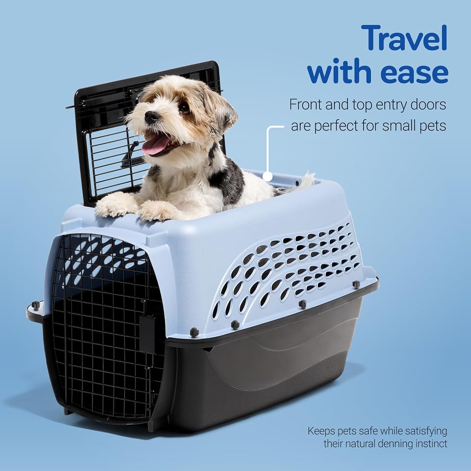 Petmate Two Door Plastic Pet Kennel for Small Dogs and Cats, 24in, Blue | Top and Front Loading USA Made Crate Built from Recycled EcoTEC Plastic