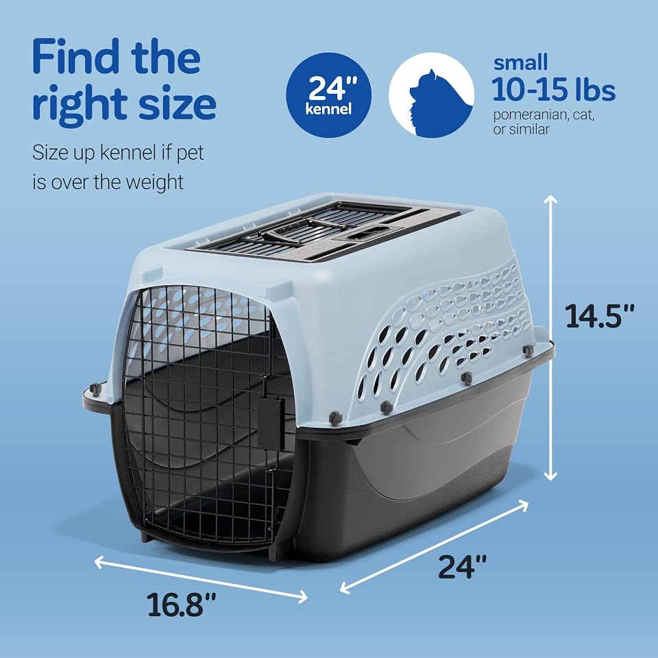 Petmate Two Door Plastic Pet Kennel for Small Dogs and Cats, 24in, Blue | Top and Front Loading USA Made Crate Built from Recycled EcoTEC Plastic
