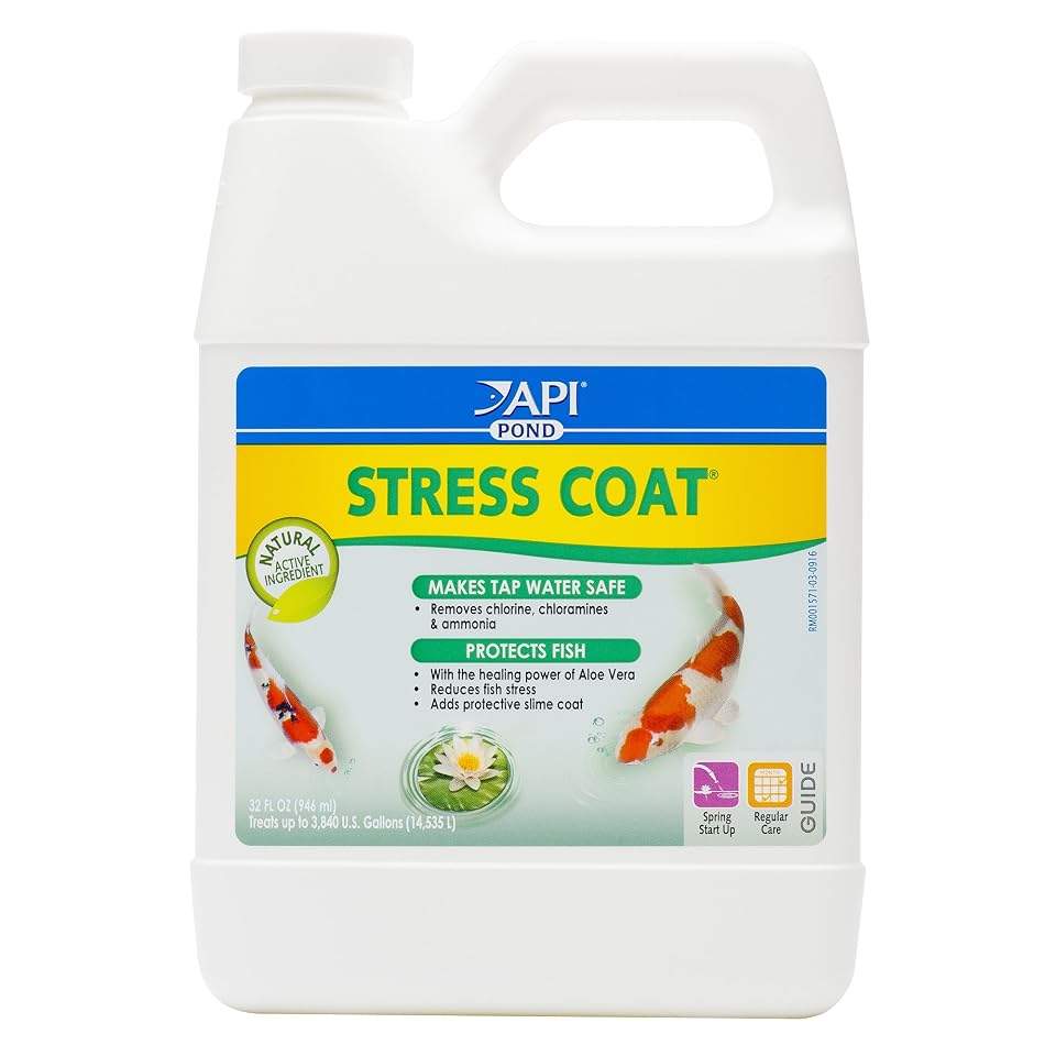 API POND STRESS COAT (32 fl oz) Pond Water Conditioner - Quickly Makes Tap Water Safe for Fish & Plants - Up to 3840 Gallons - Removes Chlorine, Ammonia & More - Aloe Vera - Natural Active Ingredient