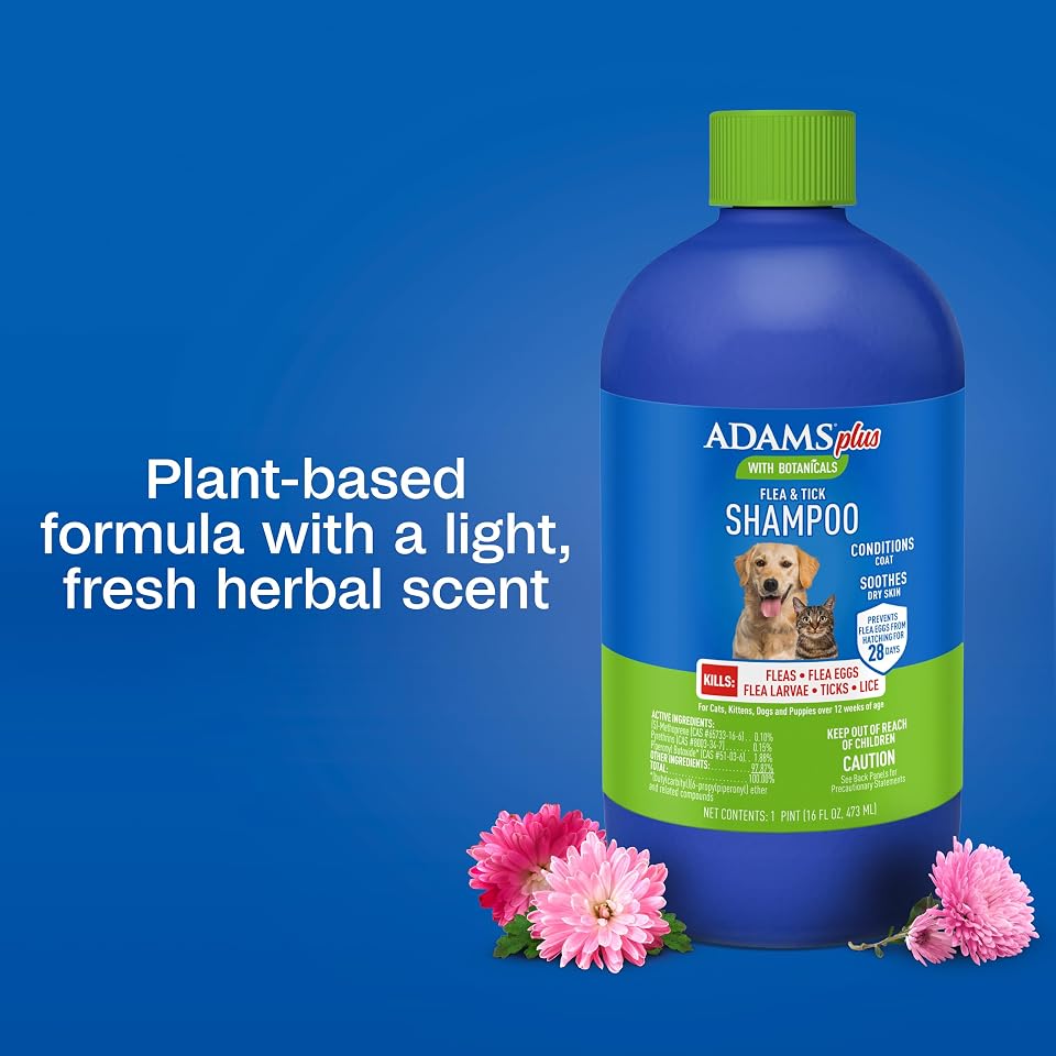 ADAMS Plus Flea & Tick Shampoo with Precor for Dogs, Cats, Puppies & Kittens, Flea Shampoo to Treat Infestations, Kills Ticks, Fleas, Flea Eggs & Lice, Cleans and Conditions Coat, 6 Ounces
