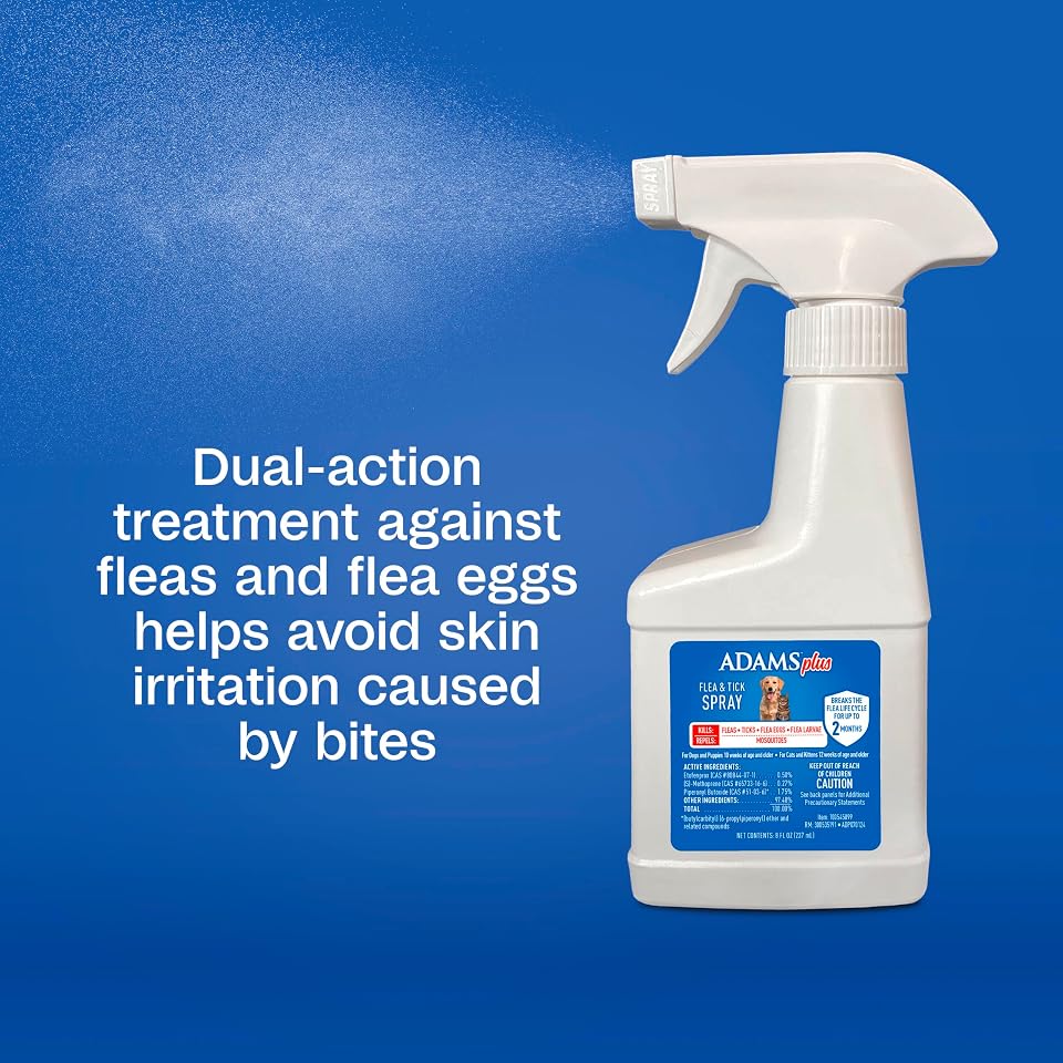 ADAMS Plus Flea and Tick Spray for Dogs & Cats, Kills Fleas and Ticks, Repels Mosquitoes, Prevents Infestations up to 2 Months, Treatment for Dogs, Cats, Puppies & Kittens, 8 Fl Oz
