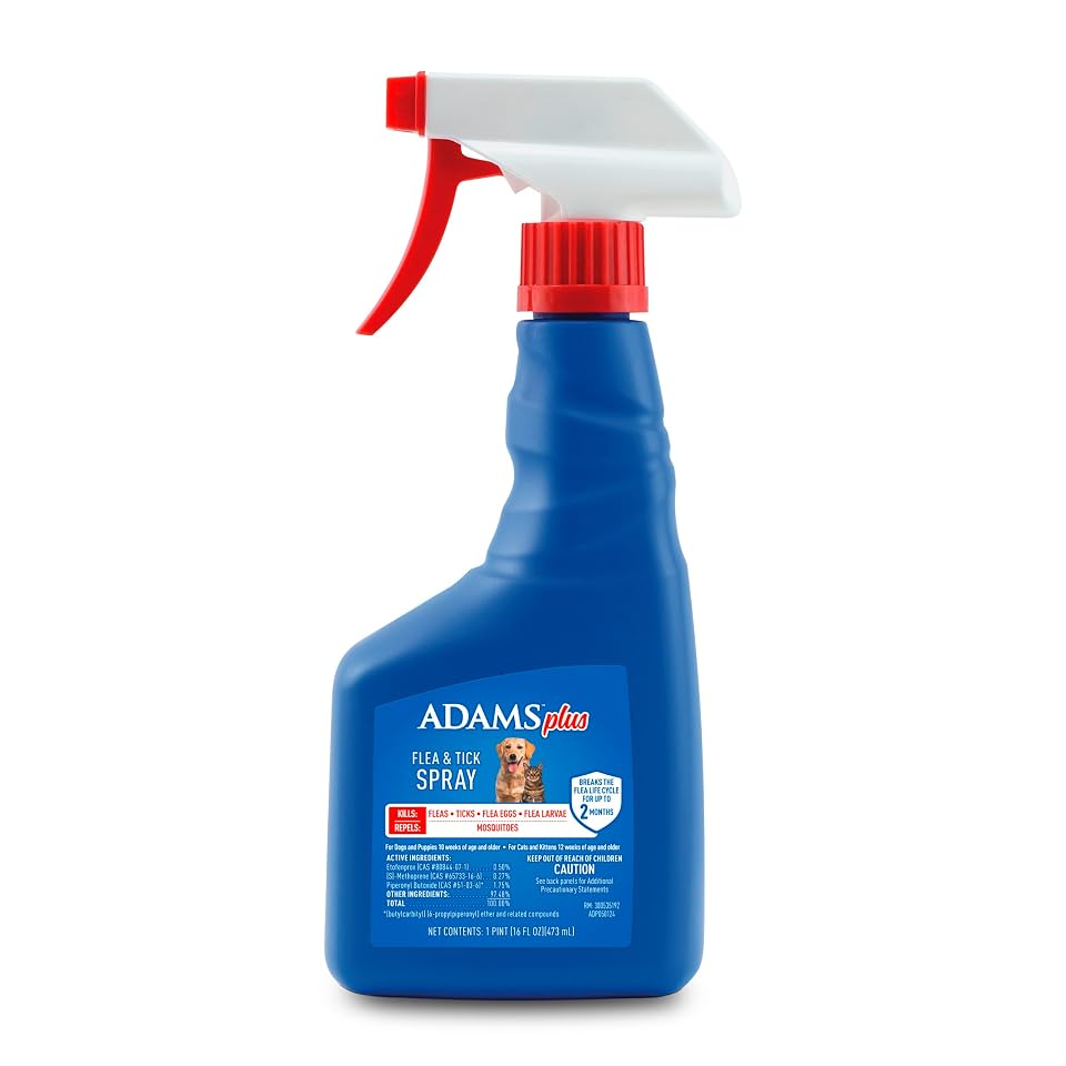 ADAMS Plus Flea and Tick Spray for Dogs & Cats, Kills Fleas and Ticks, Repels Mosquitoes, Prevents Infestations up to 2 Months, Treatment for Dogs, Cats, Puppies & Kittens, 16 Fl Oz