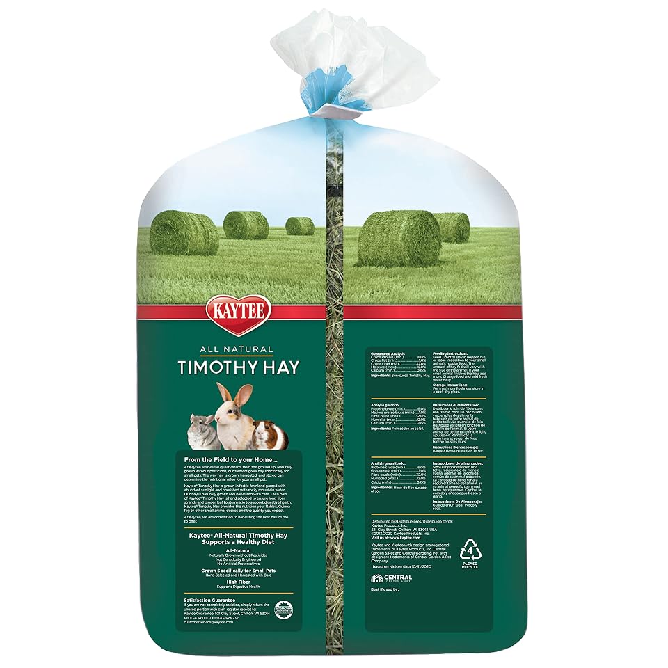 Kaytee Timothy Hay, High Fiber for Rabbits, Guinea Pigs, 96 Ounces | Supports digestive health. Hand-selected rabbit hay. Guinea pig hay, chinchilla hay, pesticide free